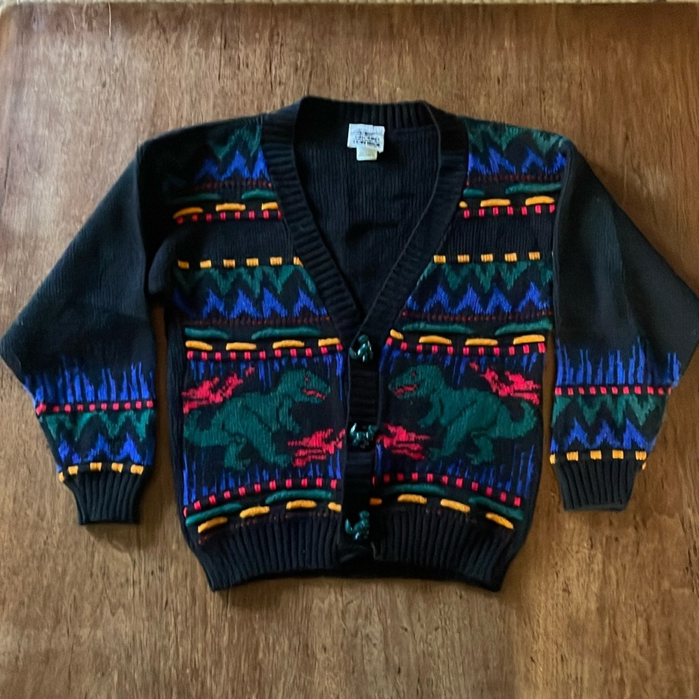 Vintage 90s Ground Control T Rex Dinosaur Cardigan Sweater!